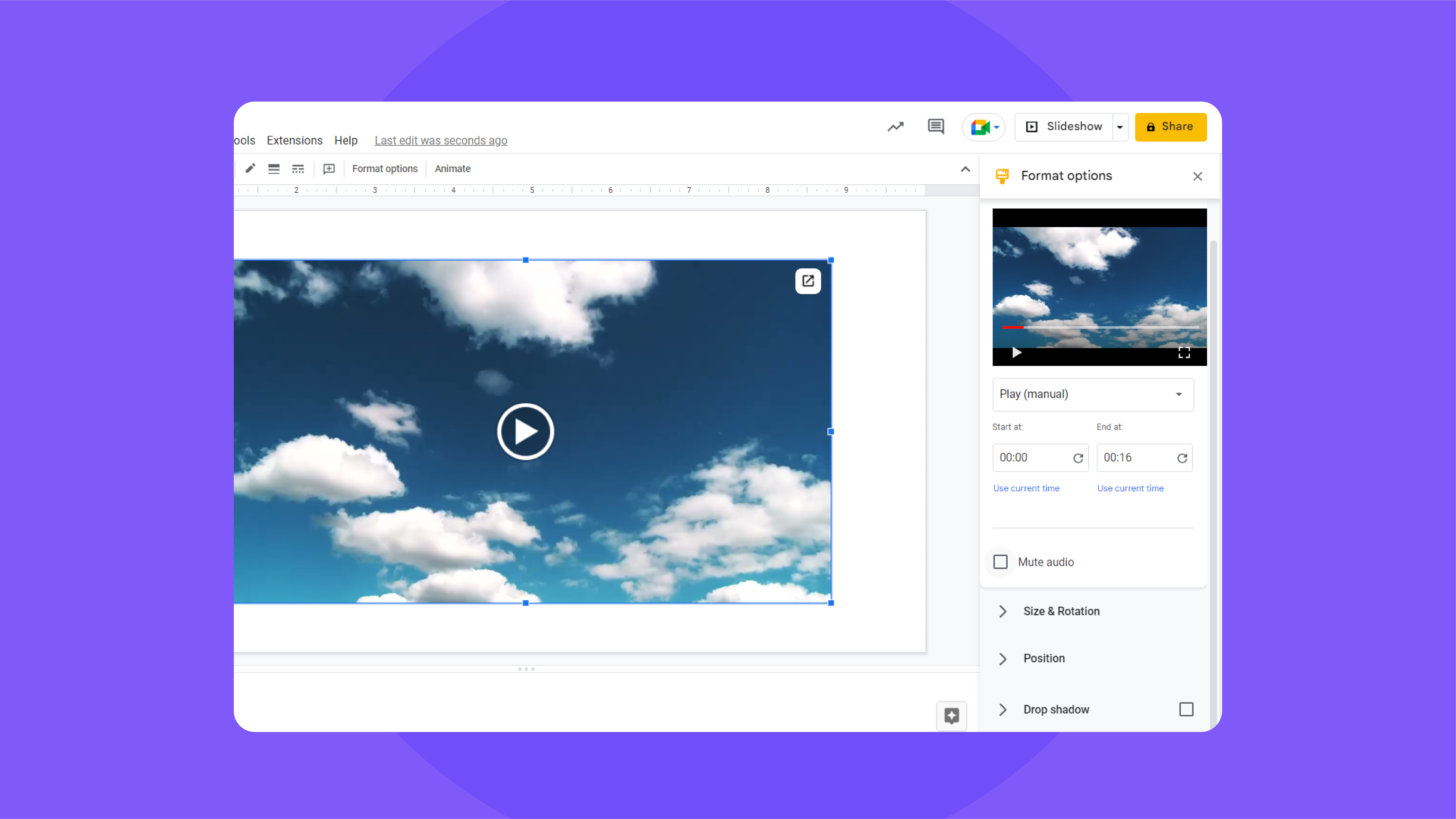 Formatting embed video on GoogleSlides