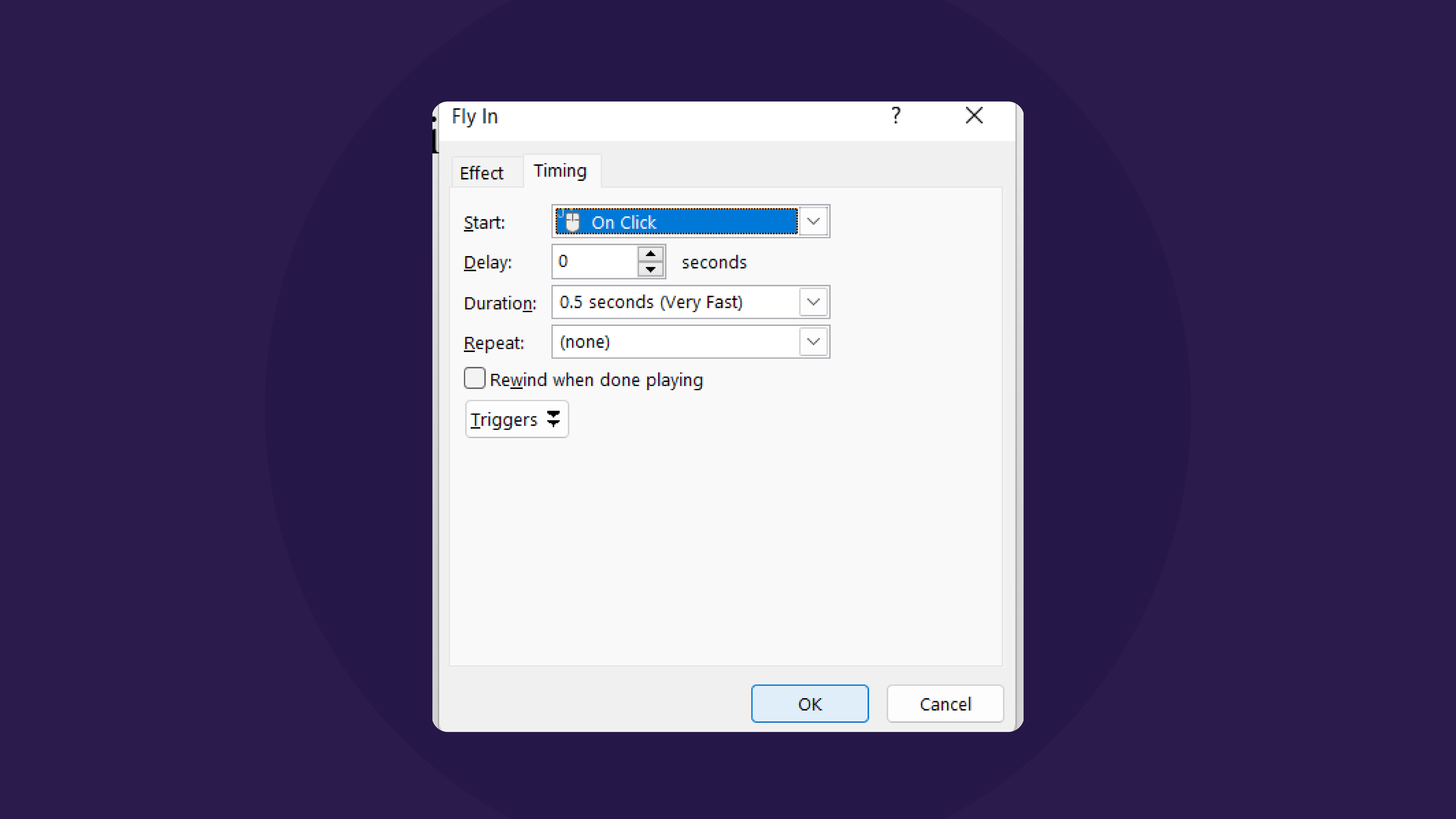 Changing effect timing in Dialog Box
